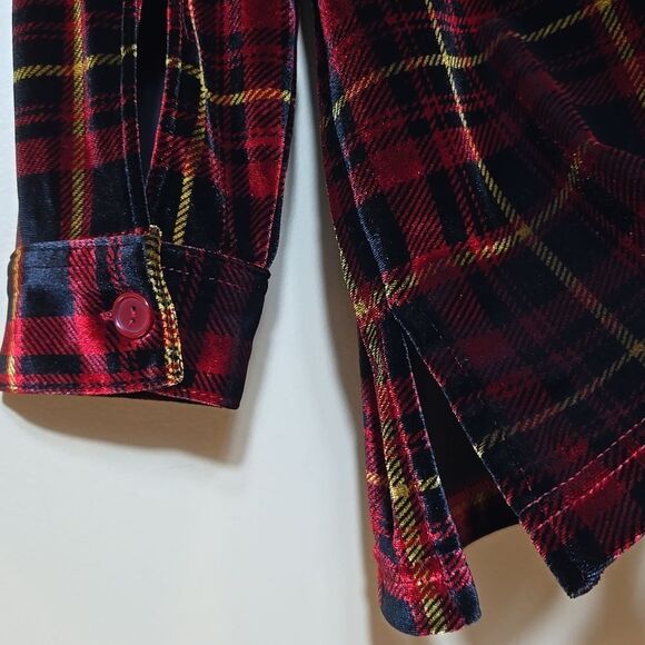 Plaid Velvet Button Up Blouse Holiday Top Christmas Stretch Plus Size 1X - Picture 9 of 12